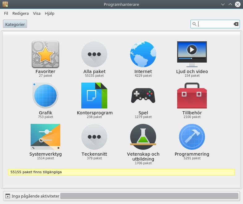 Knappen Installera nya program startar Linux Mints programhanterare. Att använda detta program är det rekommenderade sättet att installera nya program i Linux Mint.