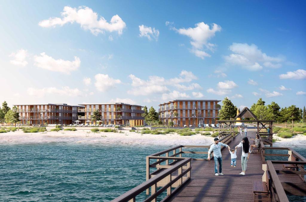 STRANDLIV Husen byggs på en egen platå vid Täppetstranden, strax intill den långa Åhusbryggan som byggdes 1998. Från stranden leder trappor upp till den avgränsade utemiljön som tillhör husen.