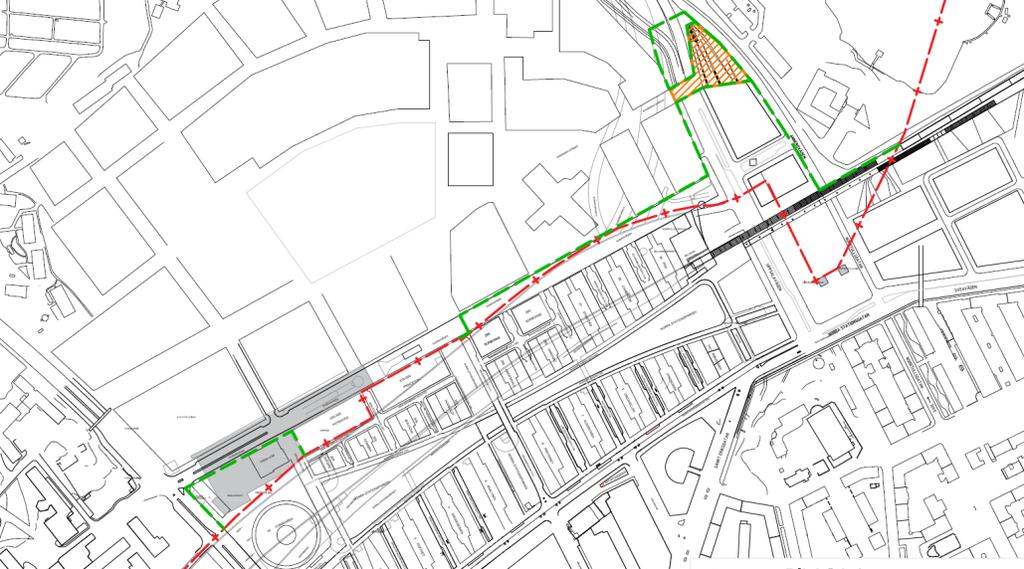 5 Trafiken läggs om till en T-korsning istället för den tänkta rondellen. Uppsalavägen flyttas västerut och inordnas i stadsstrukturen med nya kvarter intill.