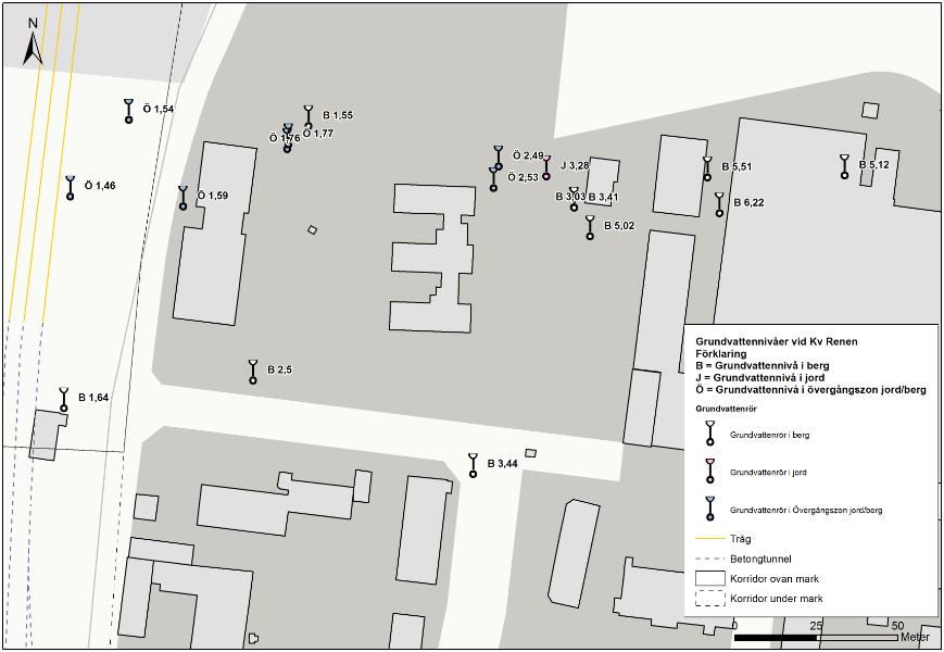 Figur 4-1 Redovisar läge på grundvattenrör samt vilka grundvattennivåer som uppmätts i berg, jord och övergångszon jord/berg. 9.
