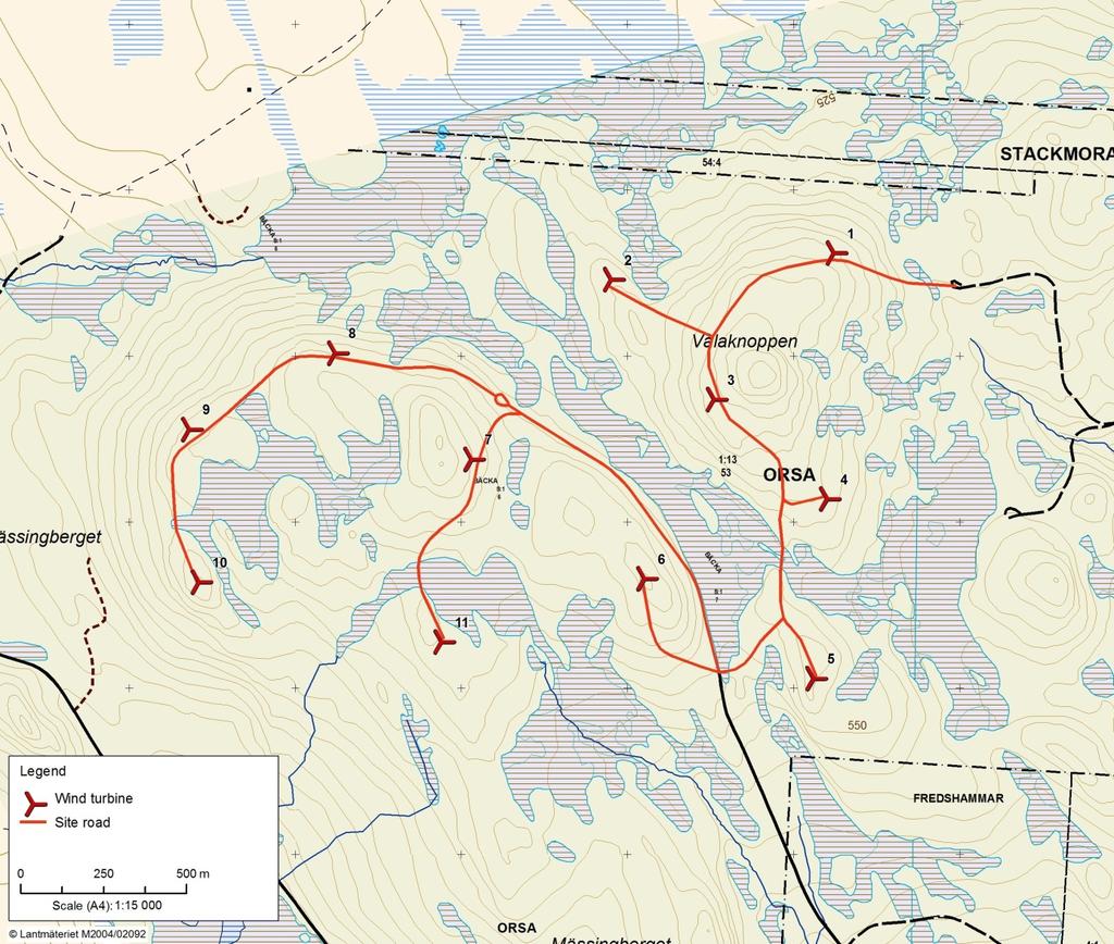 PROJEKTBESKRIVNING MÄSSINGBERGET 3/5 Placeringar av vindkraftverk och vägar. Väg och arbetsyta Befintliga vägar i området används och ny väg har anlagts fram till respektive vindkraftverk.