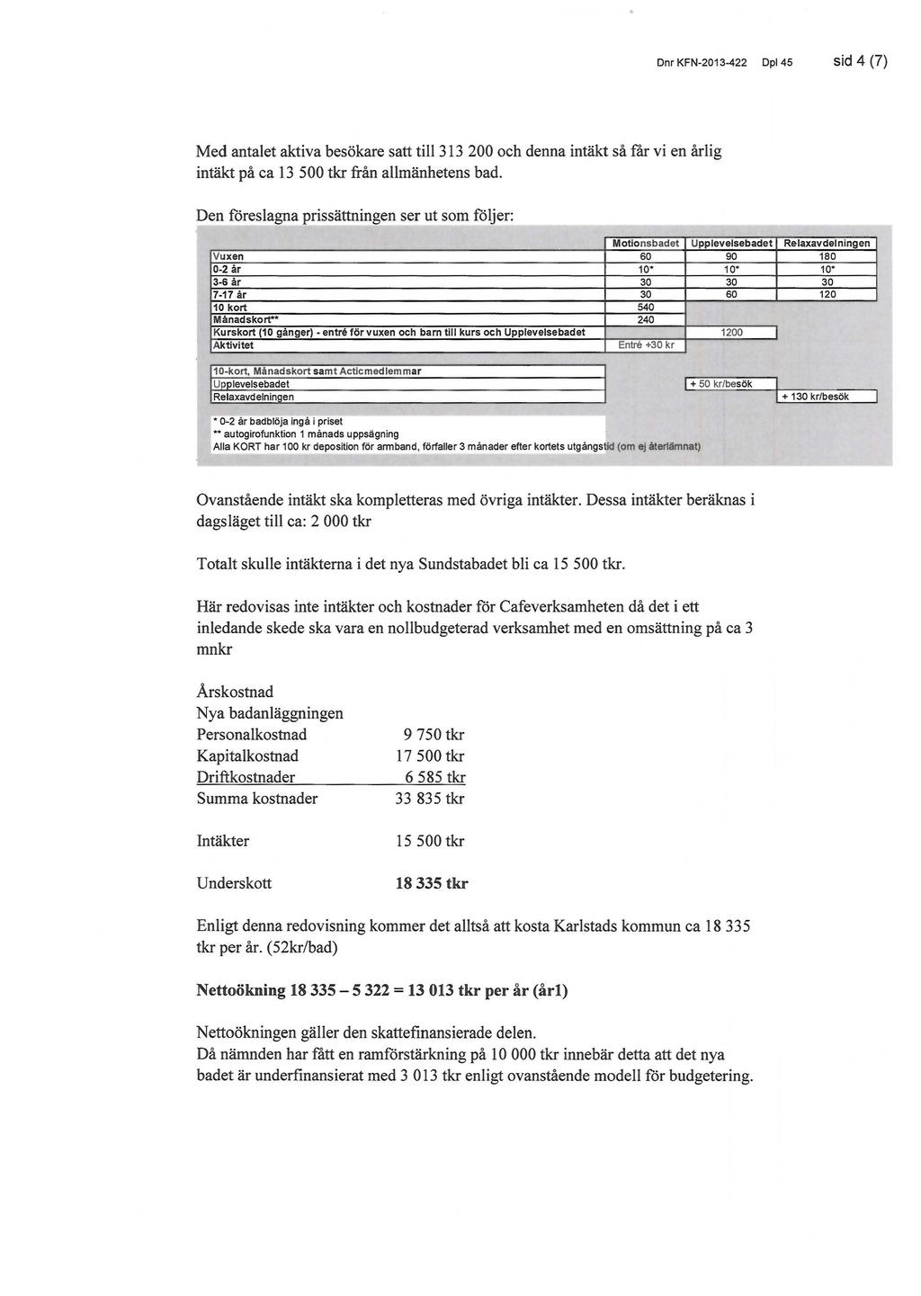 Dnr KFN-2013-422 Dpl45 sid 4 (7) Med antalet aktiva besökare satt till 313 200 och denna intäkt så får vi en årlig intäkt på ca 13 500 tkr från allmänhetens bad_ Den föreslagna prissättningen ser ut