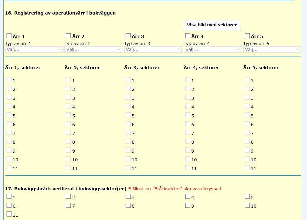 Registrering av ärr i bukväggen (16) och bråckdefekter (17) använder en sektorbeskrivning. Gränserna är linea semilunaris, transversellt 5 cm ovan och nedom naveln och midaxillarlinjen.