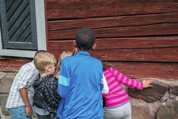 GENERELLA ÅTGÄRDER FÖR POLLINATÖRER Konskollodeltagare tittar på solitärbin som byggt bo i en husvägg. Eggeby gård 2013.