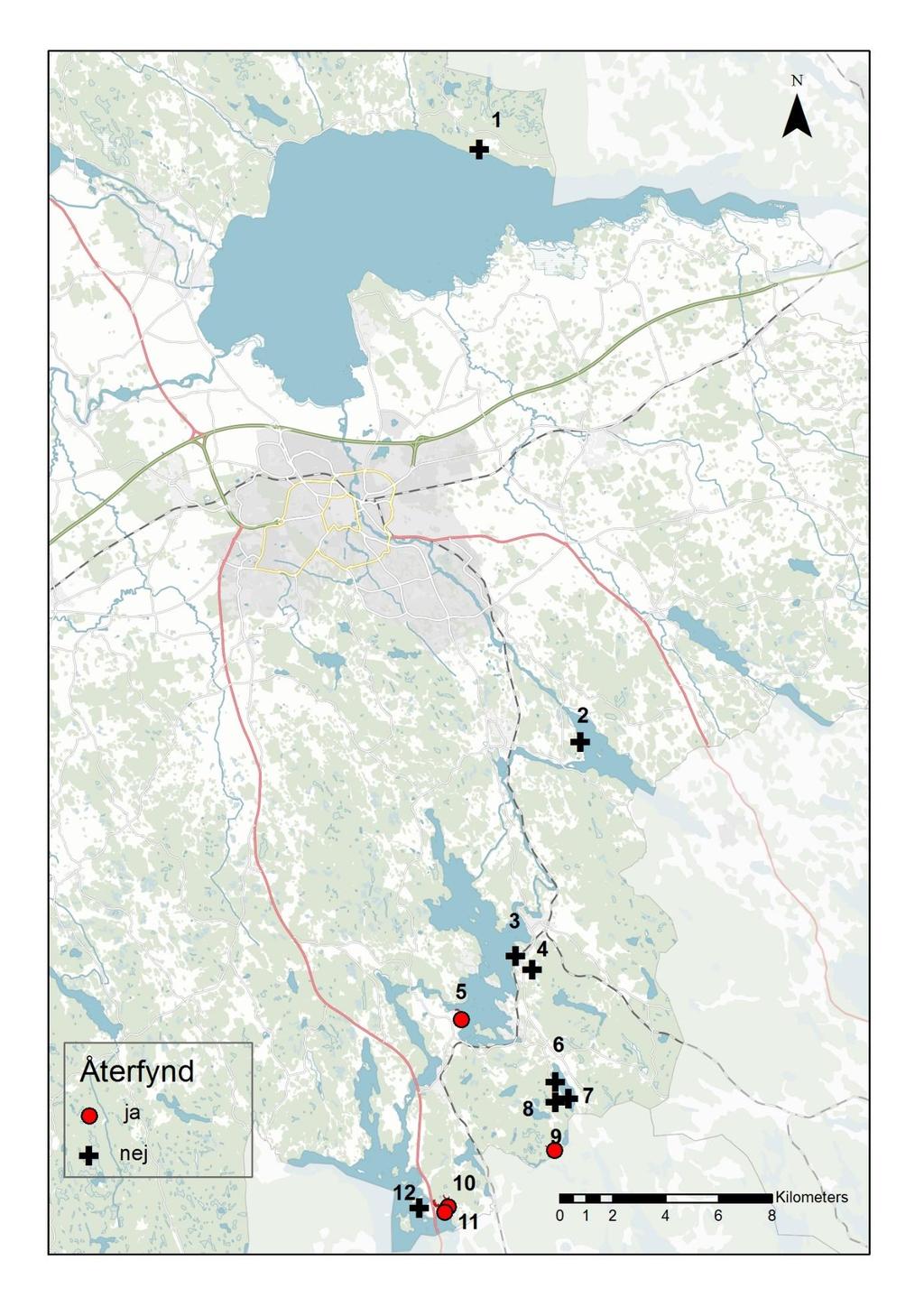 Bild 2: Platser med återfynd 2014, samt