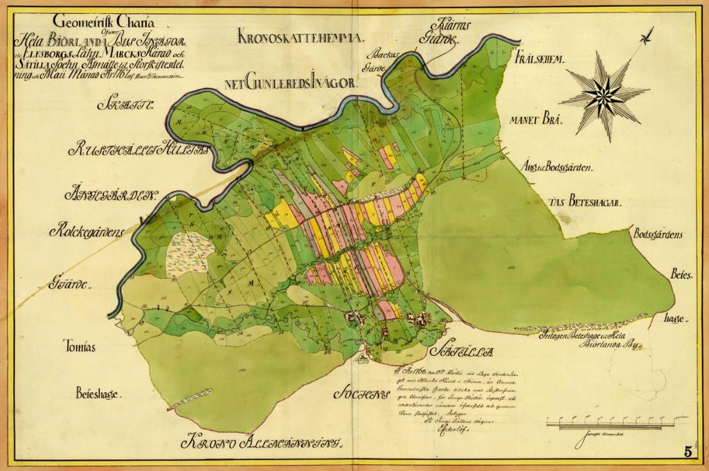Figur 6. Skifteskarta över inägorna vid Björlanda by från 1767. Grön färg på kartan motsvarar ängsmark och gul eller rosa färg åker. Under juli till september månad skedde lieslåtter av ängarna.