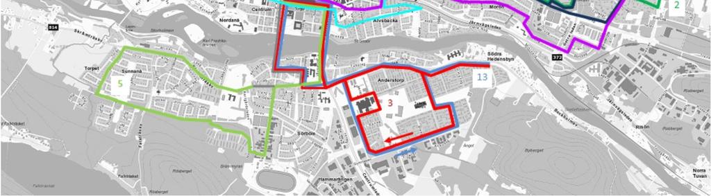 I nuläget kan stadsbusslinjerna beskrivas enligt tabellen och figuren nedan. Tabell 1. Utbud, linjelängd, körtid och resande för stadsbusslinjerna i Skellefteå.