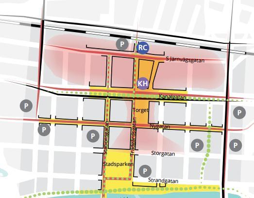 Figur 7 Framtidsbild för centrala stan år 2030, RC- Resecentrum, KH Kulturhus. Planförslag, Centrala stan - FÖP Skellefteå kommun. 3.2.6 Norrbotniabanan Norrbotniabanan som framöver ska koppla ihop Skellefteå med Umeå i söder och Piteå och Luleå i norr.