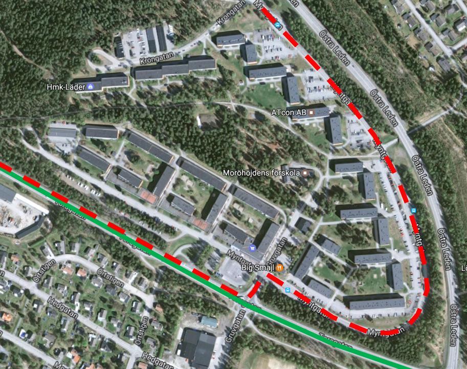 4.5.2 Linje 2 För linje 2 innebär linjenätsförslaget att de norra delarna av Moröhöjden inte längre trafikeras av linje 2. Den närmsta linjen blir istället linje 1 längs Torsgatan, se Figur 13.