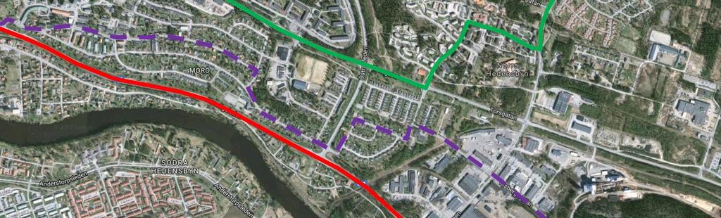 som kommer vara närmst med 400 500 m gångavstånd fågelvägen. Figur 14 Linjeförändringar för Morö och Hedensbyns industriområde.