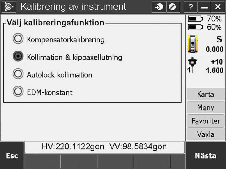 Vi skall nu genomföra en Kollimation- & kippaxellutnings-kalibrering, markera och välj Nästa Vi ser nu information som nedan.