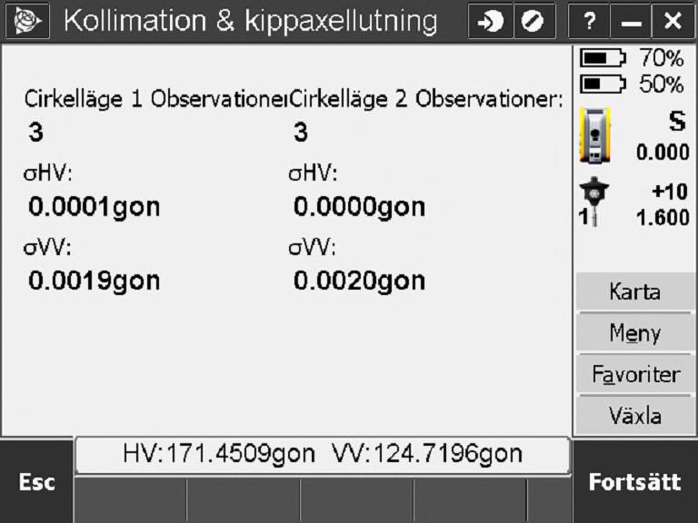 Utan att röra instrumentet kan vi direkt se differensen mellan cirkelläge ett och två Genomför nu tre oberoende mätningar även i cirkelläge två. När detta är genomfört klickar du Fortsätt.