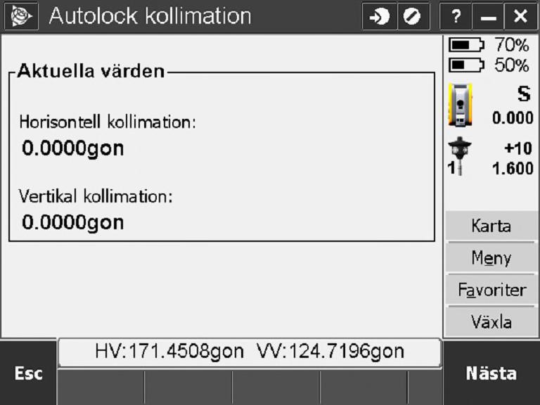 Vi ser direkt aktuella värden. Om vi placerat prismat för nära så kommer information som nedan upp.