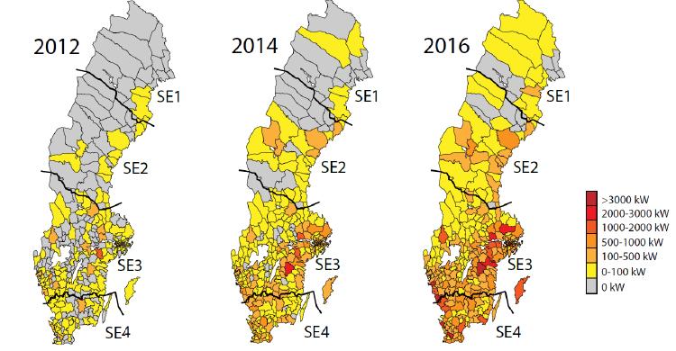 Figur 9 Solcellernas geografiska utsträckning i Sverige (IEA PVPS, 2017) November 2011 tog Svensk Kraftnät beslutet att