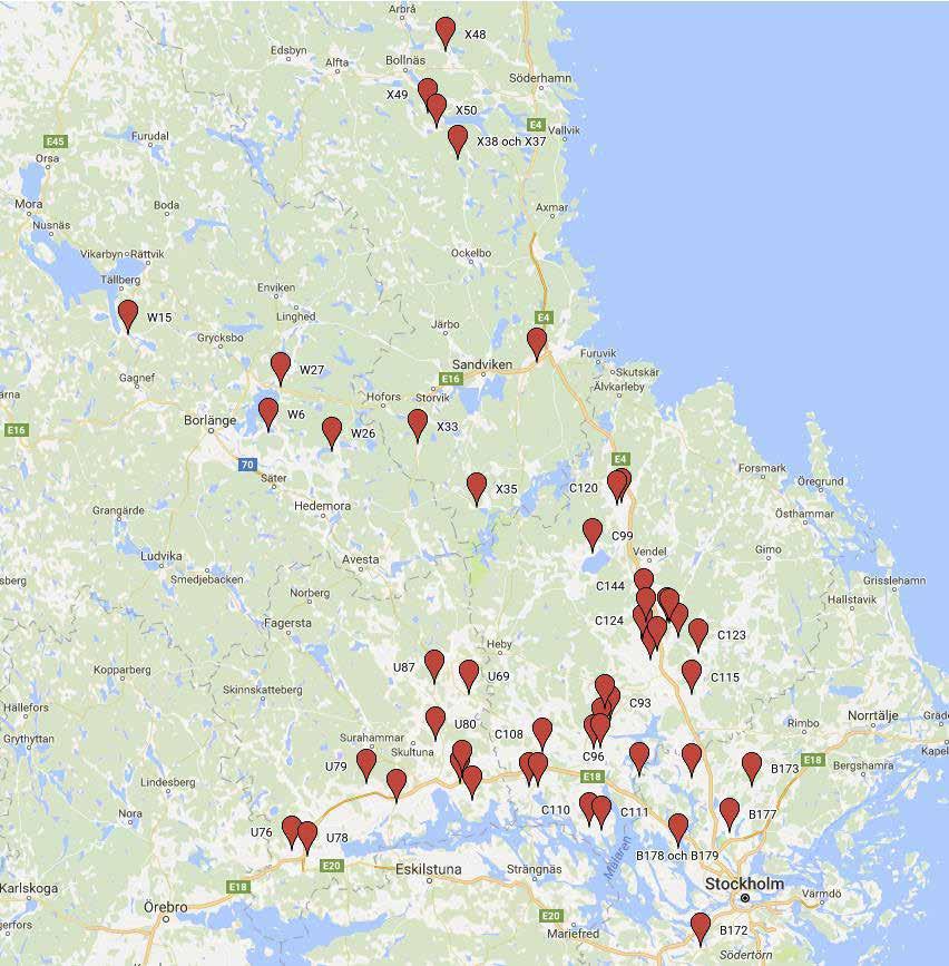 Figur 1. Gårdar med graderingsfält 217 i norra Svealand och Gävleborgs län.