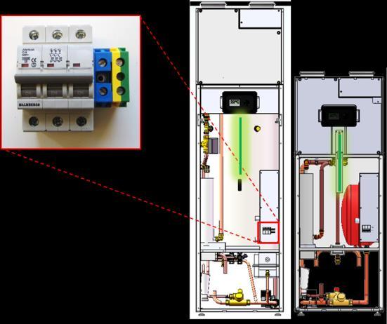 3. Underhållsrutiner Användarinstruktion 3.1. Huvudströmbrytare / Huvudsäkring Automatsäkringen fungerar som huvudströmbrytare. Automatsäkringen sitter bakom frontpanelen till höger.