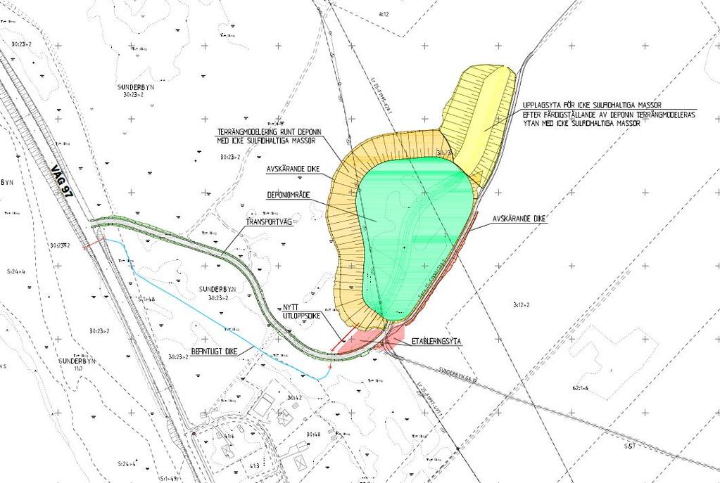 6. Beskrivning av verksamheten En översiktsbild av planerad deponi med tillhörande anläggningar redovisas i figur 5 och i bilaga 1. Figur 5. Översikt planerad deponi inklusive förberedande arbete.