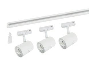 dimbara 8W LED COB Spotlights samt 1m 1-fasskena, anslutningsdon, rak skarv och ändlock. Armaturerna har stomme i gjuten vitlackerat aluminium med plastlins och adapter i plast.