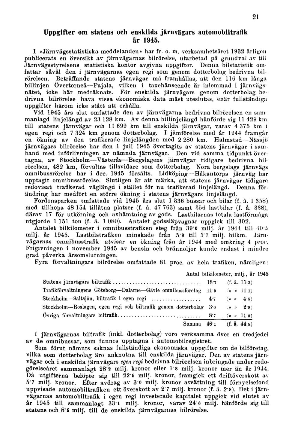 Uppgifter om statens och enskilda järnvägars automobiltrafik år 1945. I»Järnvägsstatistiska me