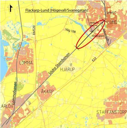 Lund (Högevall) - Flackarp, fyrspår, JSY200 1. Beskrivning av åtgärden Nuläge och brister: Södra stambanan mellan Lund och Malmö är en av Sveriges mest trafikerade järnvägssträckor.