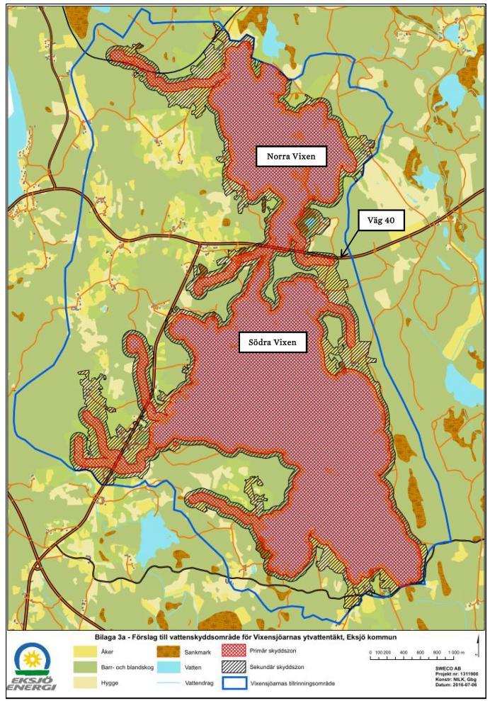 Förslag till nytt vattenskyddsområde för Vixensjöarnas ytvattentäkt (Eksjö Energi).