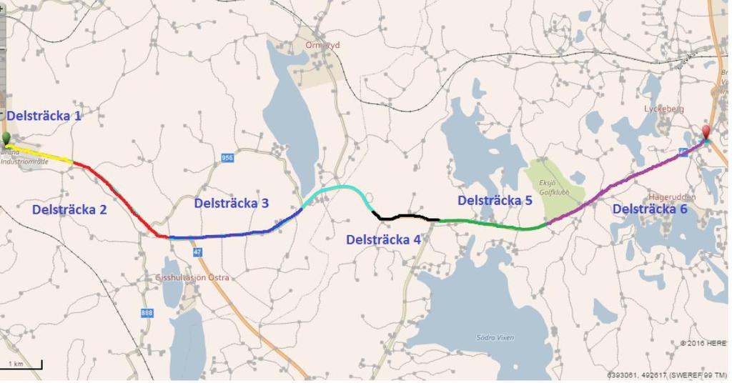 Objektets indelning i delsträckor. I utredningen framgår det att väg 40 generellt är i gott skick med en bärförmåga med i helhet acceptabel nedbrytningstakt.