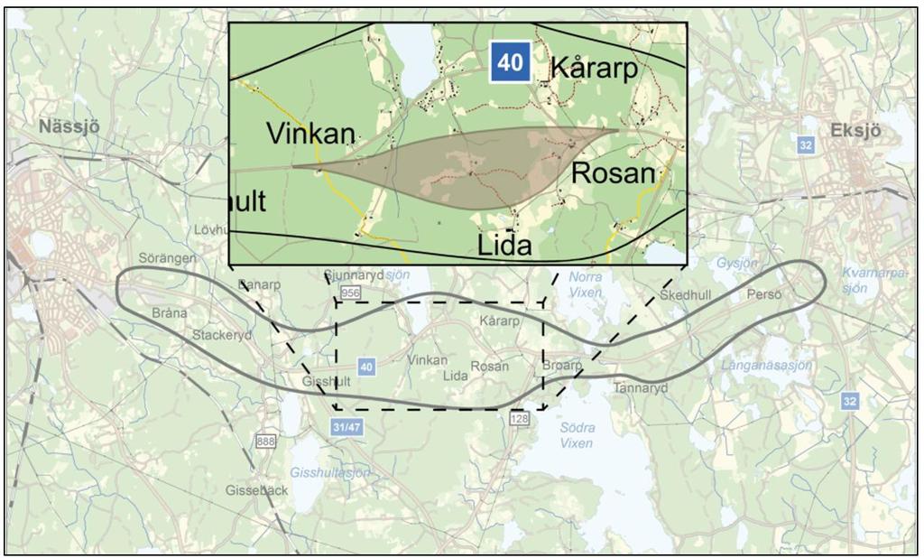 Trafikverkets val av vägkorridor efter genomförd förstudie. Kartunderlag Lantmäteriet, Geodatasamverkan.