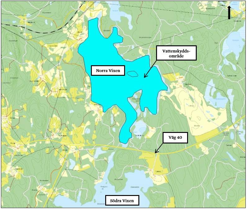 Norra Vixens vattenskyddsområde (blåmarkerat område).