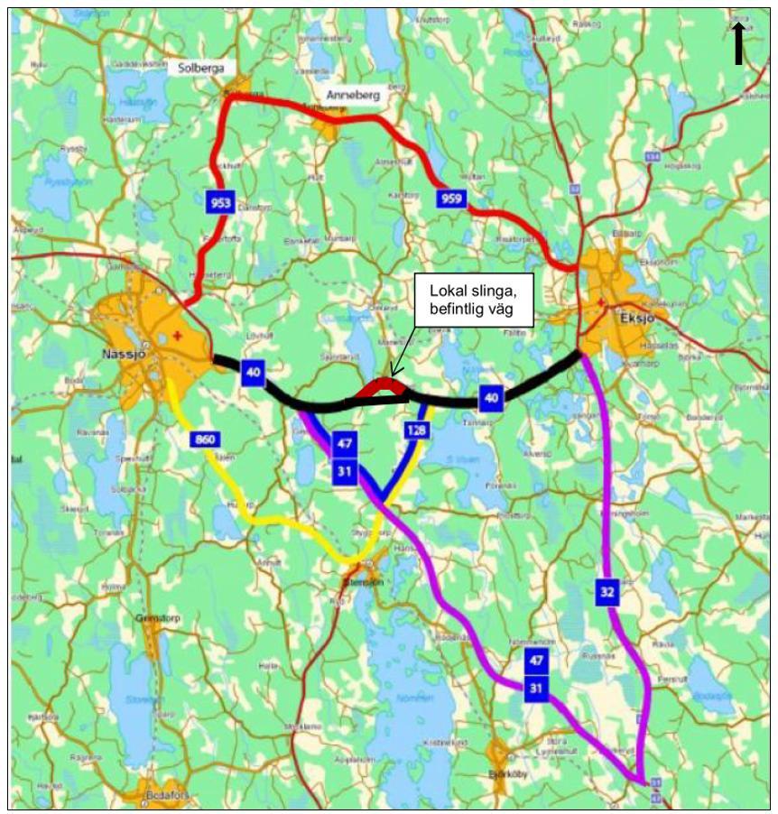 Alternativa omledningsvägar. De olika färgerna avser olika alternativa omlednings-vägar.