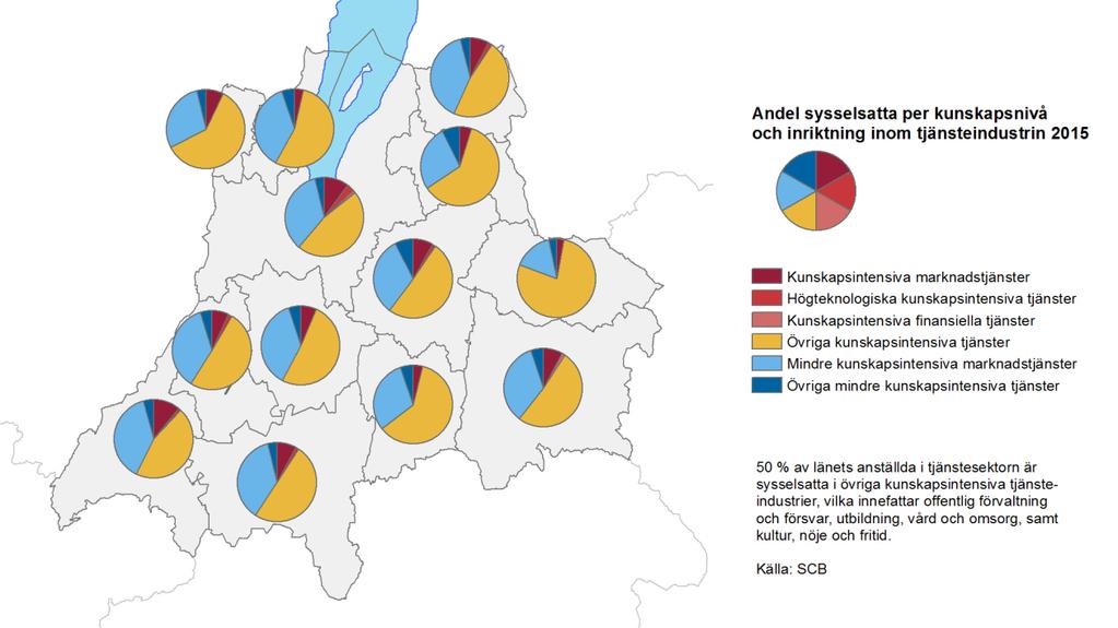 Figur 15. Andel sysselsatta per kunskapsnivå inom tjänstesektorn, per kommun 2015. Tjänstesektorn omfattar dock även offentlig sektor, vilken klassificeras som kunskapsintensiv av Eurostat.