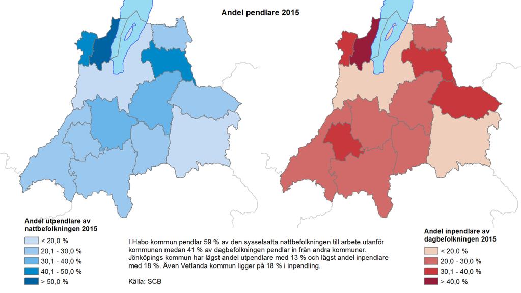 Figur 18. Andel utpendlare av nattbefolkningen och andel inpendlare av dagbefolkningen, per kommun 2015.