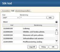 Om du söker med stjärna efter koden visas de koder som börjar med angiven kod. Se nedan som visar sökning av alla projekt som börjar på 222.