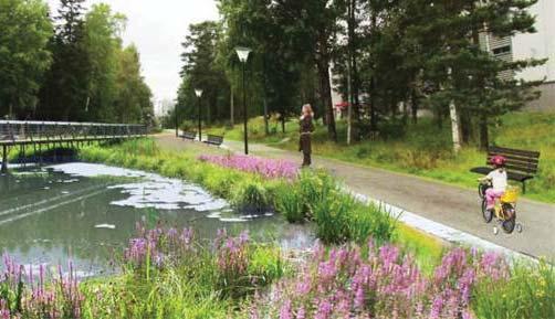 eventuella öppna dagvattenhanteringen. Områdets grästäckta ytor kompletteras med en aktivitets- och mötesplats.