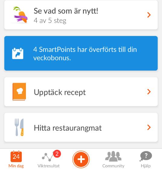 Min dag Byt mellan översikt för aktiviteter eller för mat Inställningar, medlemskort mm Streckkodsläsare Sök