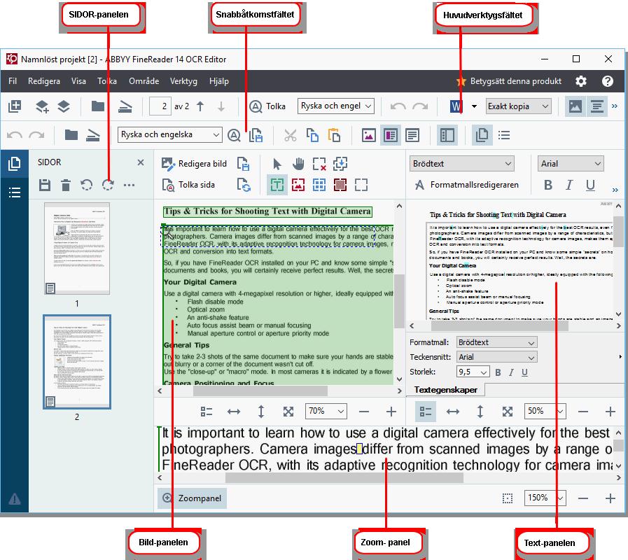 Gränssnitt för OCR-redigerare OCR-redigerarfönstret visar ditt nuvarande OCR-projekt För mer information om hur man arbetar med OCR-projekt, se OCR-projekt 124 Sidor-panelen visar de sidor som finns