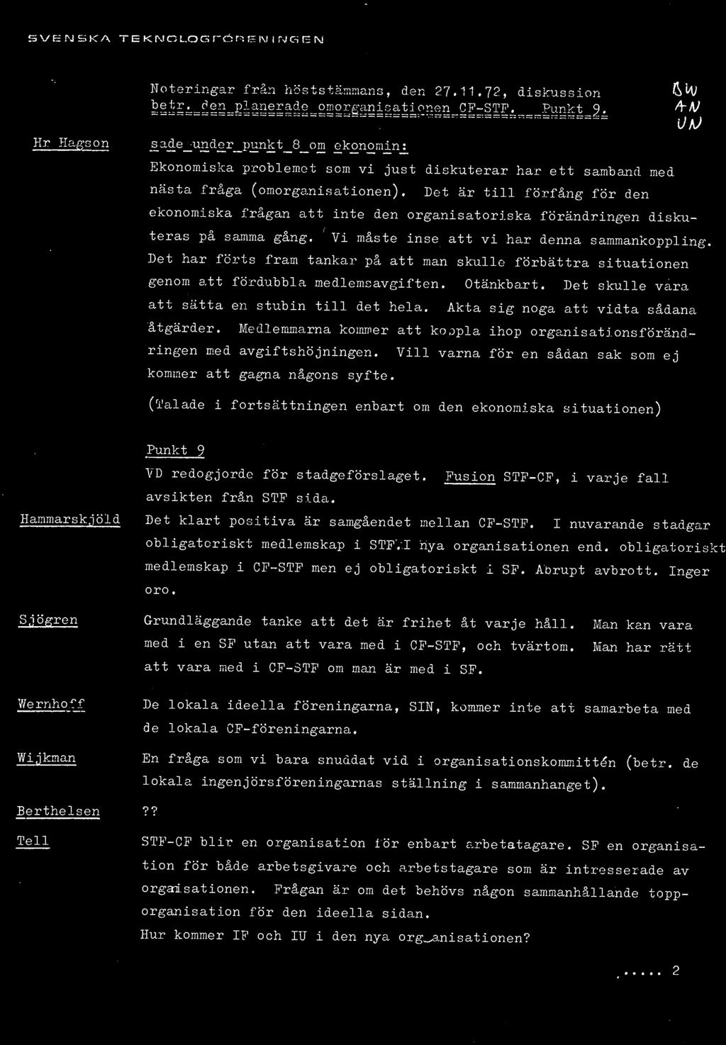 SVENSKA TEKNOLOGFÖRENINGEN. { Diarienr / Noteringar från höststämman, den 27.11.72, diskussion betr. den planerade omorganisationen CF-STF. Pankt 9.