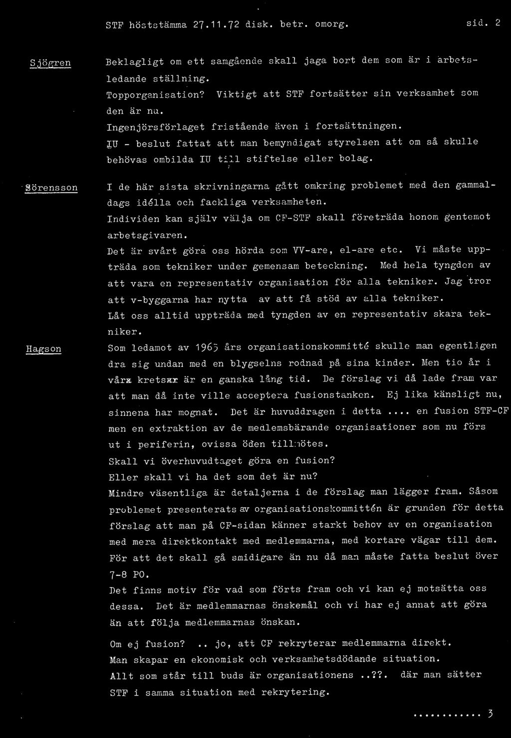 STP höststämma 27.11.72 disk. betr. oraorg. sid. 2 Sjögren Beklagligt om ett samgående skall jaga bort dem som är i arbets- ledande ställning. Topporganisation?