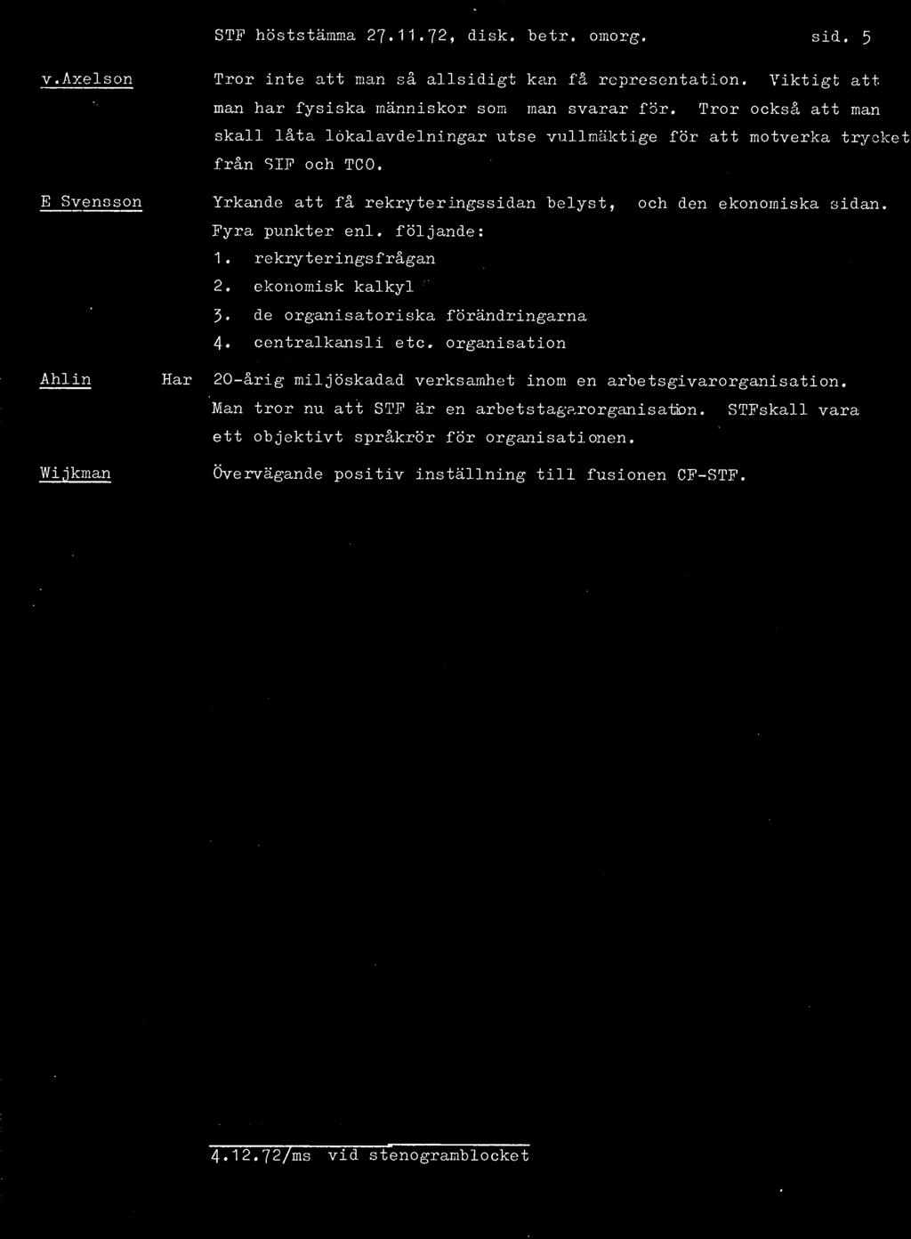 STF höststämma 27.11.72, disk. betr. omorg. sid. 5 v.axelson Tror inte att man så allsidigt ka.n få representation. Viktigt att man har fysiska människor som man svarar för.