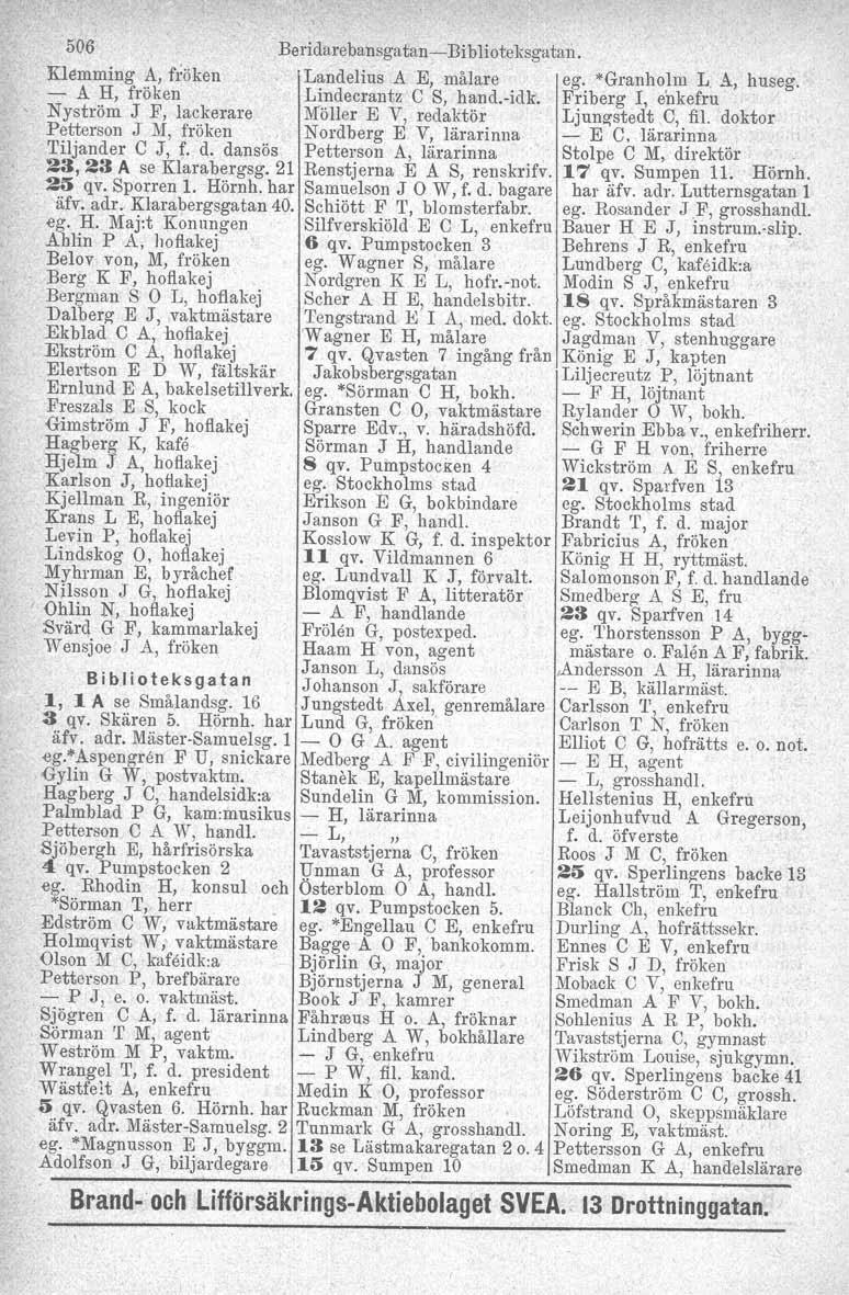 506 Beridarebansgatan-Biblioteksgatan. Klemming A, fröken Landelius A E, målare ego *Granholm L A, huseg. - A H, fröken Lindecrantz C S, hand.-idk.