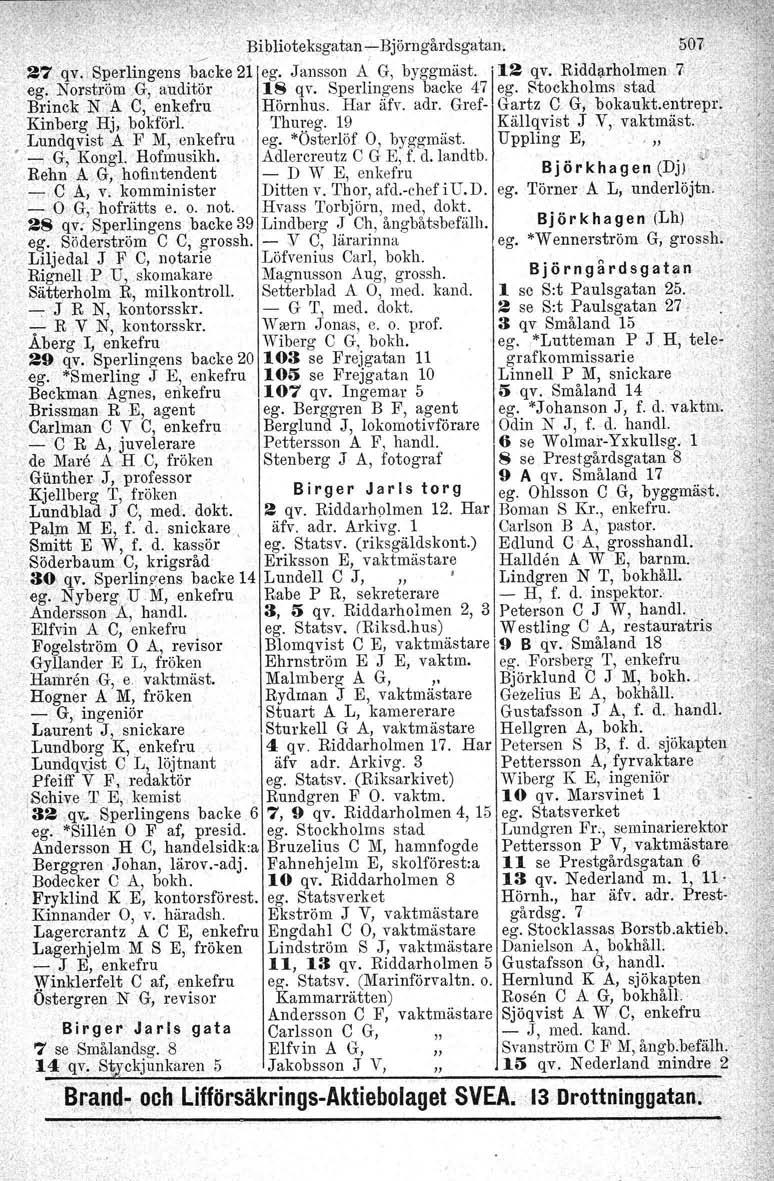 Bi blioteksgatan - Björngårdsgatan. _'2.7 qv.i Sperlingens ba:cke21 ego Jansson A G, byggmäst. 1'12 qv, RiddiJ,rholmen7 1 '...; eg.. Norström,G, auditör.,is qv.