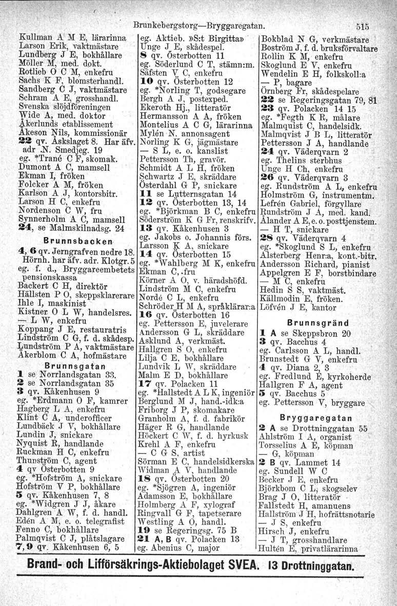Brunkebergstorg-Brygganigatan.. 51-5 Kullman A(M E, lärarinna ~~. Aktie b.»)s:t Birgitta»' Bokblad N G, verkmästare'.' Larson -Erik, vaktmästare U nge J E, skådespel. Boström J, f. d.