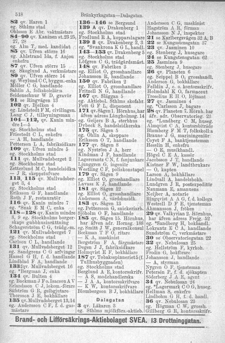 518 Bränkyrkagatan- Dalagatan. 82 qv. Haren l 136-146 se Bergsund Andersson e G, maskinist ego Sthlms stad 139 A qv.
