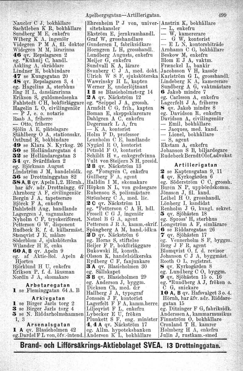t " ~,,Apelbergsgatan..YArtillerigatan.!' /499 -':Naucler"C'J, bokhållare' Ehrenheim P J von,' univer- Anstrin K, bokhållare'.