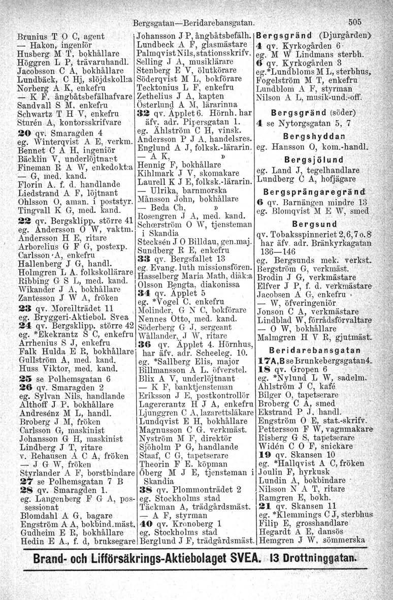 n. Bergsgatan-Beridarebansgatan. '505" Brunius T 0 C, agent 'Johansson JP, ångbåtsbefälh.