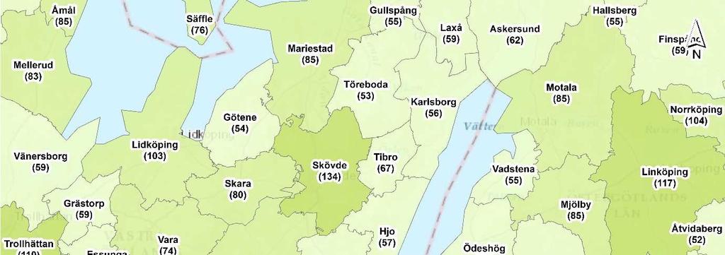 3.4 Handelns geografiska struktur i övriga marknadsområdet Förutsättningarna för handelns framtida utveckling i Tibro är i hög grad beroende av hur handeln i omlandet ser ut och utvecklas.