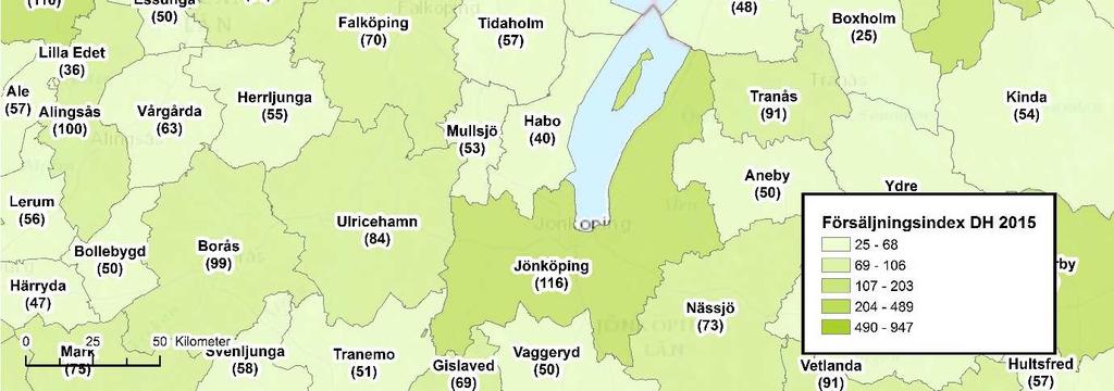 Försäljningsindex hjälper oss att kartlägga handelsmönstren i regionen. Kartan nedan illustrerar vilka kommuner i omlandet som har ett inflöde av köpkraft för den totala detaljhandeln.