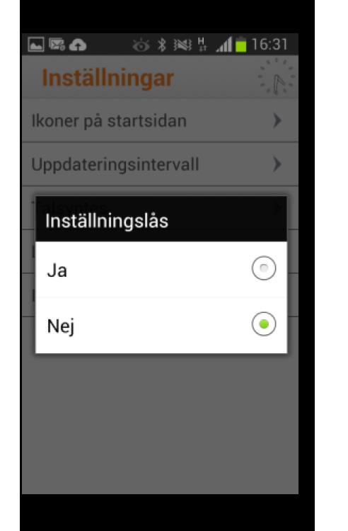 5.2.5 Inställnigslås I Premium Comai kan du välja att låsa möjligheten att ändra inställningar dvs. Ikoner på startsidan, Uppdateringsintervall, Talsyntes, Ljudlös.