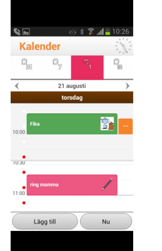 Tidspunkter, fyra röda punkter per timme, dåtid ofyllda och framtid fyllda ger en tidsuppfattning över dagen.