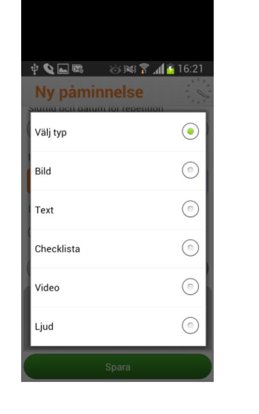 Välj något av alternativen bild, text, checklista, video eller ljud.