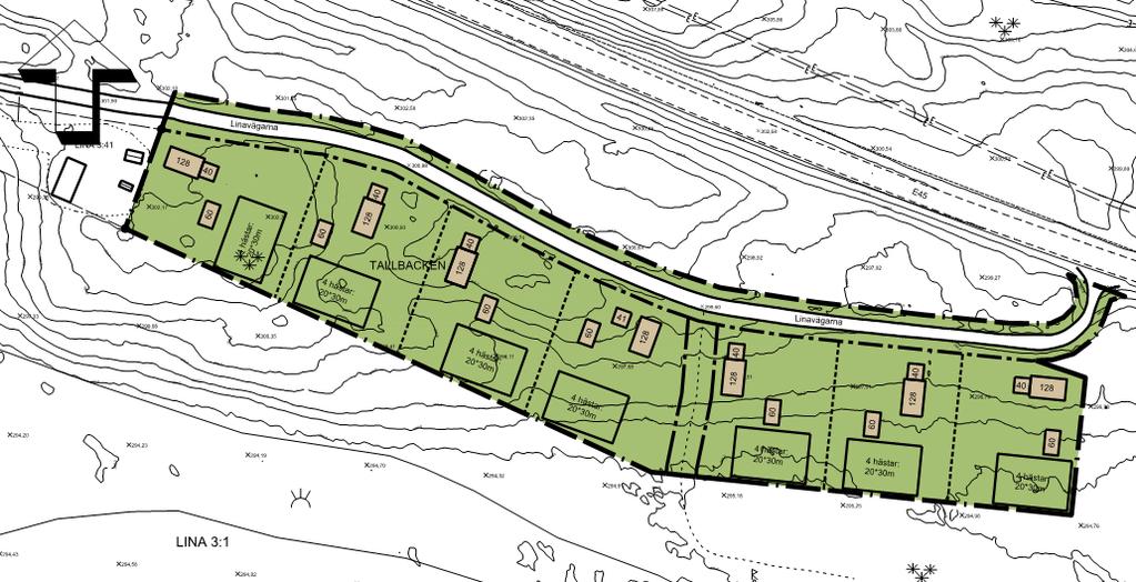 Planområdet består av orörd skogsmark och innehåller ingen befintlig bebyggelse. Inom planområdet föreslås småhusbebyggelse.